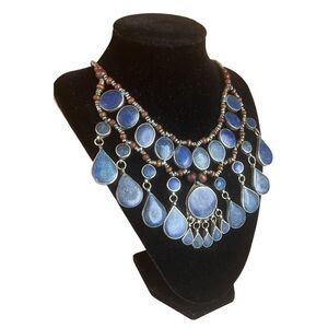 Vintage Silver Tone Bib Statement Necklace Lapis Lazuli Tribal Boho